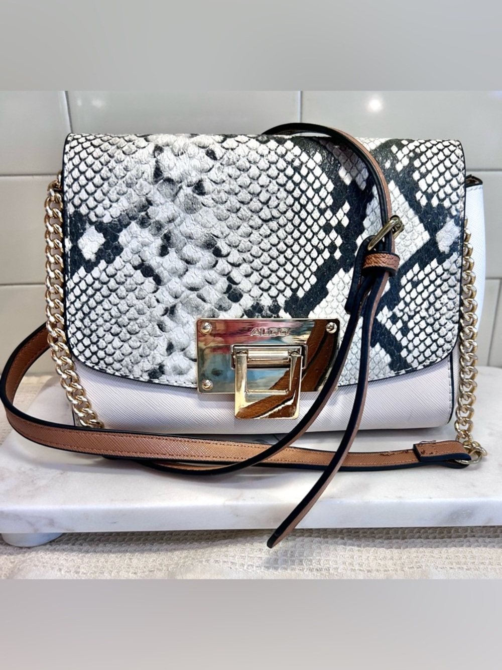 ALDO Black & White Snakeskin-Print Crossbody with Tan Adjustable Strap NWOT